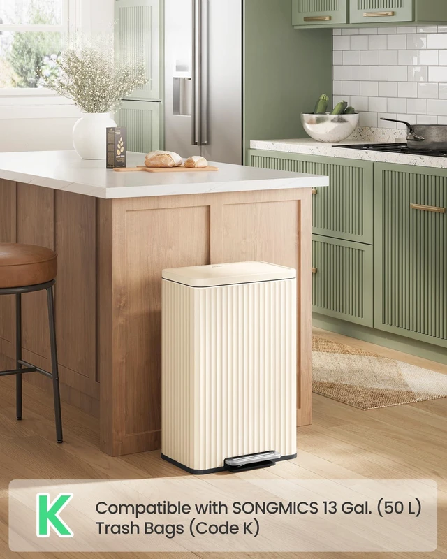 Alt view image 2 of 7 - Trash Can, 13 Gallon (50 L), Stainless Steel, with Lid, Pedal | Garbage Can for Kitchen, with Soft Close, Removable Inner Bucket, 15 Trash Bags (Code K) Included, Cream White ULTB586LZ01