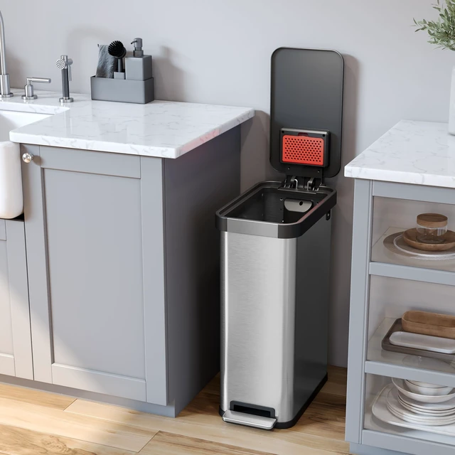 Alt view image 2 of 6 - 13.2 Gal / 50L Slim Step Pedal Kitchen Trash Can | Odor Filter | SoftStep Slim Indoor Recycling Garbage Bin | Soft Close Lid | Stainless Steel | Dent-Proof Lid | Home, Office, Work Business