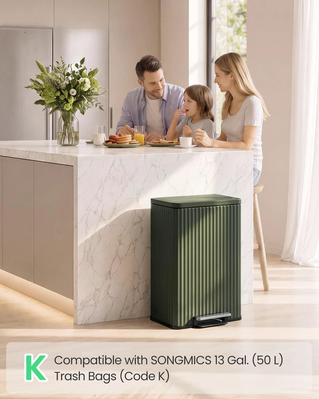 Alt view image 2 of 7 - Trash Can, 13 Gallon (50 L), Stainless Steel, with Lid, Pedal | Garbage Can for Kitchen, with Soft Close, Removable Inner Bucket, 15 Trash Bags (Code K) Included, Green ULTB586CZ01