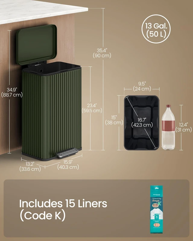 Alt view image 7 of 7 - Trash Can, 13 Gallon (50 L), Stainless Steel, with Lid, Pedal | Garbage Can for Kitchen, with Soft Close, Removable Inner Bucket, 15 Trash Bags (Code K) Included, Green ULTB586CZ01