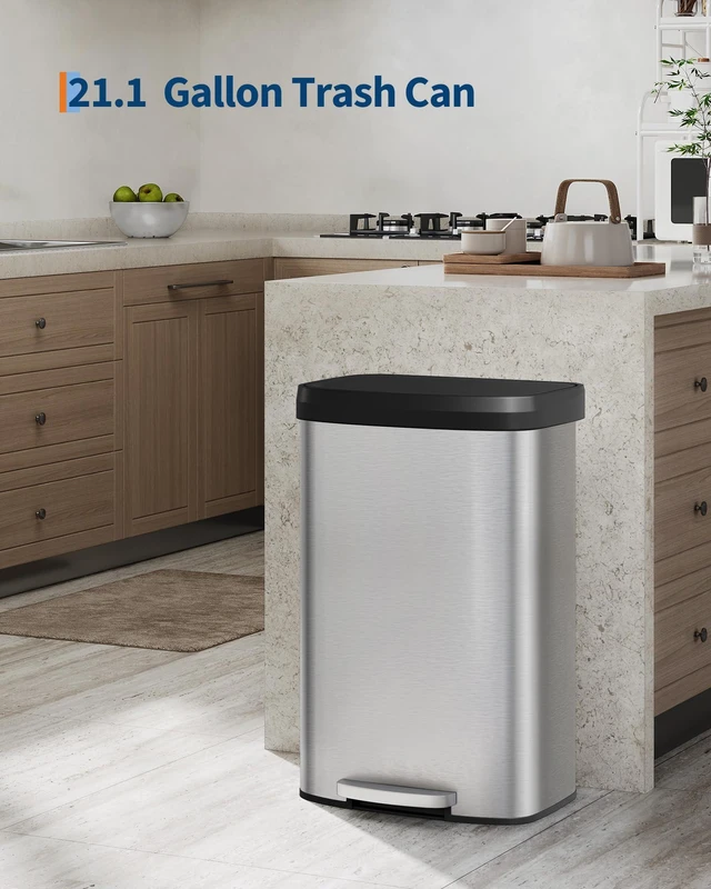 Alt view image 2 of 7 - 21 gal / 80 L Stainless Steel Trash Can with Lid, Large Garbage Can for Kitchen, Rustproof Step-on Kitchen Metal Trash Bin with Liner Rim, Rear Handle, Soft Close Plastic Lid, Silver