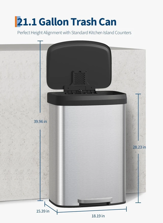 Alt view image 6 of 7 - 21 gal / 80 L Stainless Steel Trash Can with Lid, Large Garbage Can for Kitchen, Rustproof Step-on Kitchen Metal Trash Bin with Liner Rim, Rear Handle, Soft Close Plastic Lid, Silver