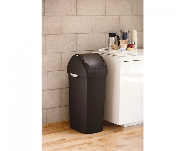 Alt view image 2 of 3 - Swing Lid Can, 60L / 15.9 Gallon Commercial Plastic Trash Can for Restaurants, Cafes, Lobbies, Balanced Swing Lid, Quick-Release Hinge, ADA-Compliant, Black Plastic