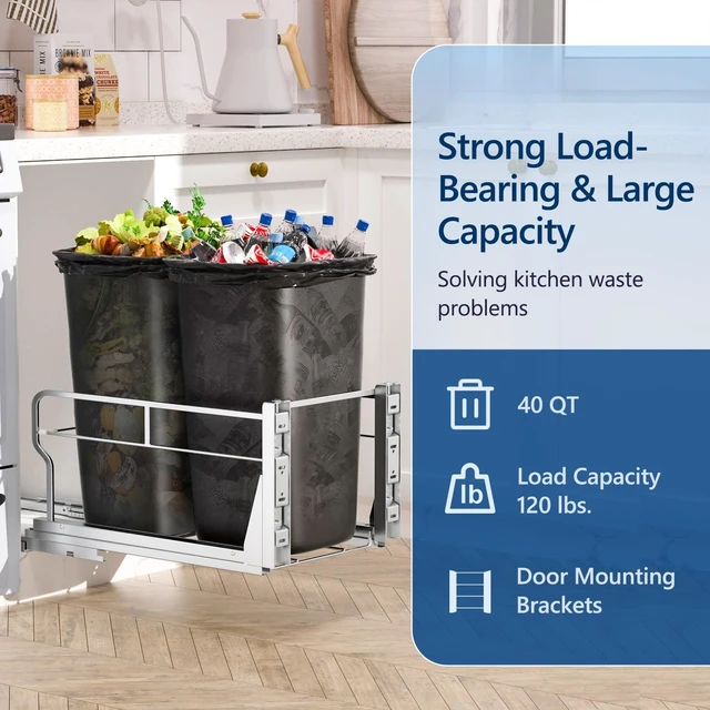 Alt view image 4 of 7 - Dual Pull Out Trash Can Under Cabinet with Soft-Close Slides | Space Saving, Heavy Duty, Garbage Can Not Included, Under Sink Bin Kit for Home Kitchen, Requires Min Cabinets 17" W X 24" D