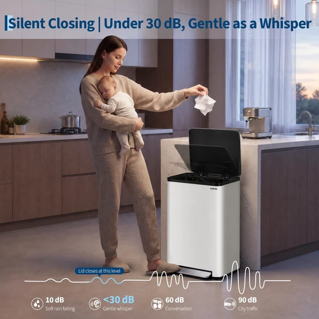 Alt view image 6 of 7 - 13 Gallon Trash Can Kitchen Garbage Bin with Removable Inner Buckets 50L Stainless Steel Step-on Metal Large Waste Cans with Soft Close Lid White