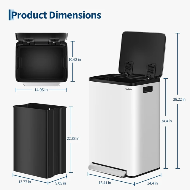 Alt view image 7 of 7 - 13 Gallon Trash Can Kitchen Garbage Bin with Removable Inner Buckets 50L Stainless Steel Step-on Metal Large Waste Cans with Soft Close Lid White