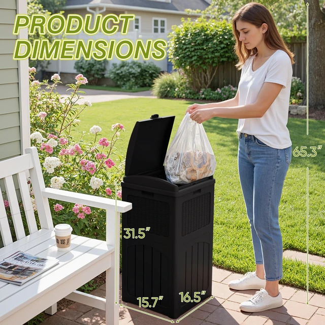 Alt view image 2 of 7 - 33 Gallon Outdoor Trash Can with Lid (2-Pack), Dark Black | Heavy Duty Resin Garbage Bin, Waterproof & UV Resistant for Patio, Garden, Deck, Yard