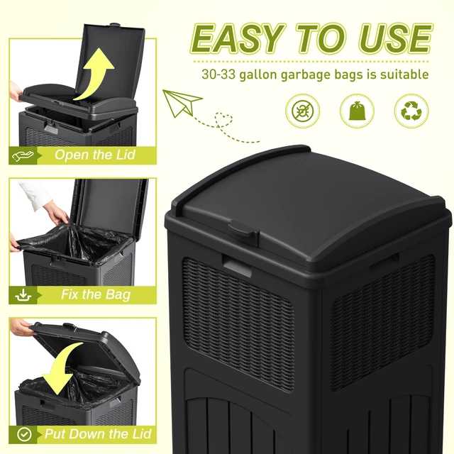 Alt view image 5 of 7 - 33 Gallon Outdoor Trash Can with Lid (2-Pack), Dark Black | Heavy Duty Resin Garbage Bin, Waterproof & UV Resistant for Patio, Garden, Deck, Yard