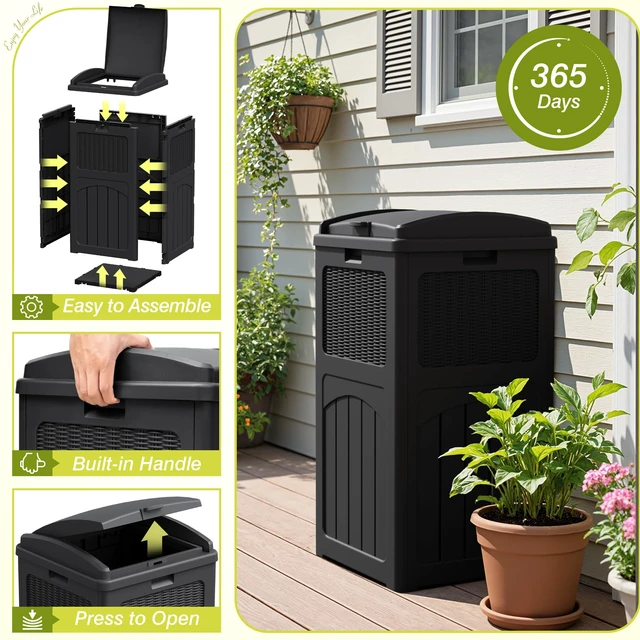 Alt view image 7 of 7 - 33 Gallon Outdoor Trash Can with Lid (2-Pack), Dark Black | Heavy Duty Resin Garbage Bin, Waterproof & UV Resistant for Patio, Garden, Deck, Yard