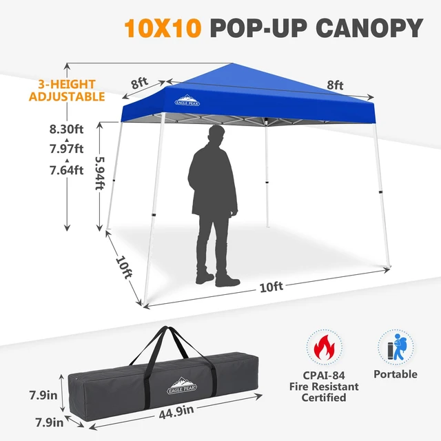Alt view image 3 of 7 - 10x10 Slant Leg Pop Up Canopy Tent, Blue | PeakPush Center Lock, Easy 1 Person Setup Pop Up Tent, Portable Sports & Camping Shelter, 10x10 Base 8x8 Top, Carry Bag