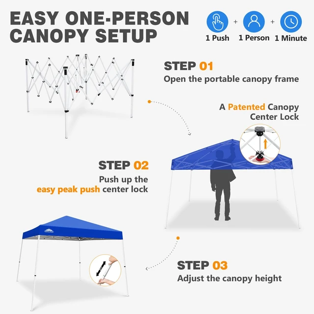 Alt view image 6 of 7 - 10x10 Slant Leg Pop Up Canopy Tent, Blue | PeakPush Center Lock, Easy 1 Person Setup Pop Up Tent, Portable Sports & Camping Shelter, 10x10 Base 8x8 Top, Carry Bag