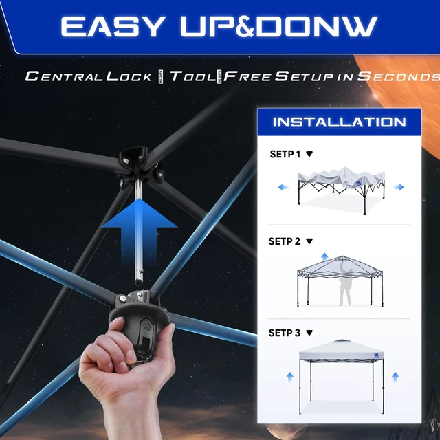 Alt view image 3 of 7 - 10x10 Pop Up Canopy Tent, Instant Portable Shelter, White 10x10 | One-Push Center Lock Pop Up Canopy Tent with 4-Layer Reinforced Fabric, Vented UV Top & Carry Bag for Outdoor Party
