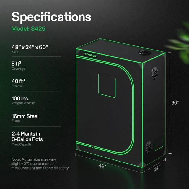 Alt view image 7 of 7 - S425 2x4 Grow Tent 48"x24"x60" High Reflective Mylar Tent | Easy View Observation Window & Floor Tray, 100% Reflective Mylar Interior, Sturdy Metal Frame for Hydroponic Setup
