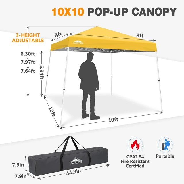 Alt view image 3 of 7 - 10x10 Slant Leg Pop Up Canopy Tent, Yellow | PeakPush Center Lock, Easy 1 Person Setup Pop Up Tent, Portable Sports & Camping Shelter, 10x10 Base 8x8 Top, Carry Bag