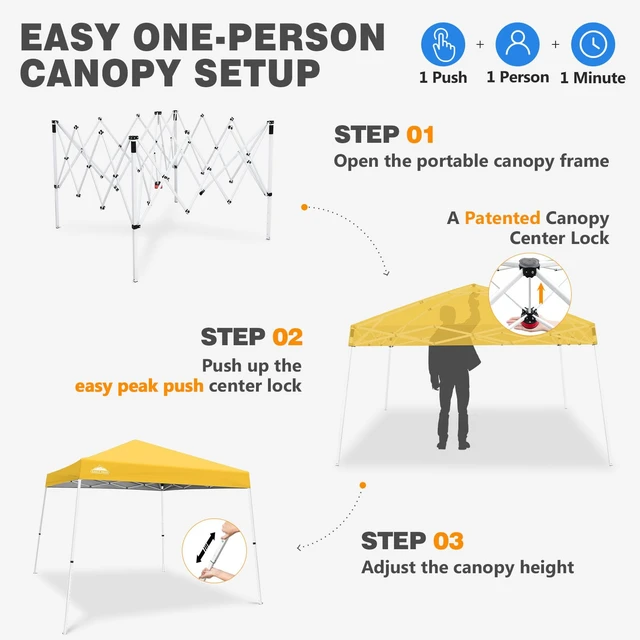 Alt view image 6 of 7 - 10x10 Slant Leg Pop Up Canopy Tent, Yellow | PeakPush Center Lock, Easy 1 Person Setup Pop Up Tent, Portable Sports & Camping Shelter, 10x10 Base 8x8 Top, Carry Bag