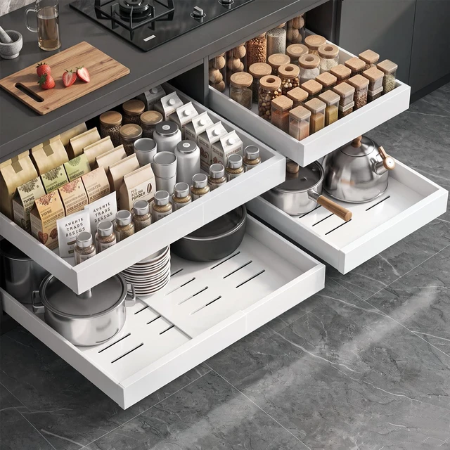 Main image of 4 Pack Expandable Pull Out Cabinet Organizer 21"Deep With Raising Pad for Framed Cabinets,Upgrade 3 Slide Rails Slide Out Drawers,No Drill Roll Out Shelves,Adjustable Width 12.1"-20.4" White