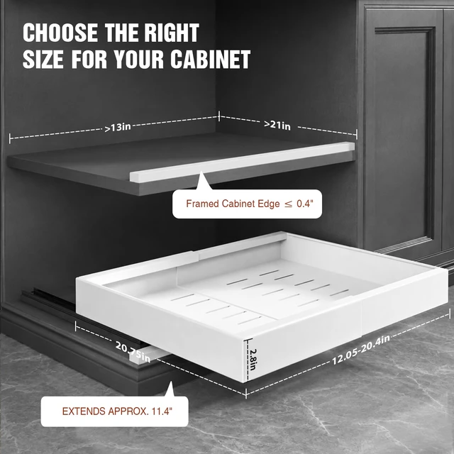 Alt view image 3 of 7 - 4 Pack Expandable Pull Out Cabinet Organizer 21"Deep With Raising Pad for Framed Cabinets,Upgrade 3 Slide Rails Slide Out Drawers,No Drill Roll Out Shelves,Adjustable Width 12.1"-20.4" White