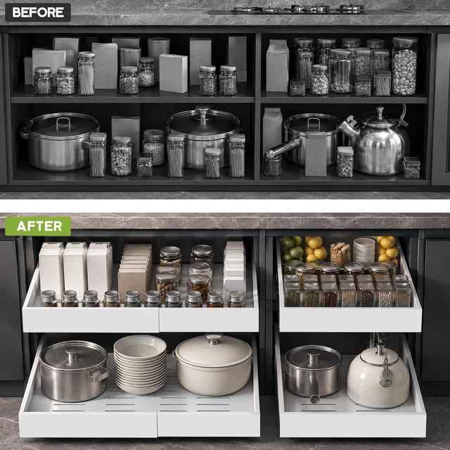 Alt view image 4 of 7 - 4 Pack Expandable Pull Out Cabinet Organizer 21"Deep With Raising Pad for Framed Cabinets,Upgrade 3 Slide Rails Slide Out Drawers,No Drill Roll Out Shelves,Adjustable Width 12.1"-20.4" White