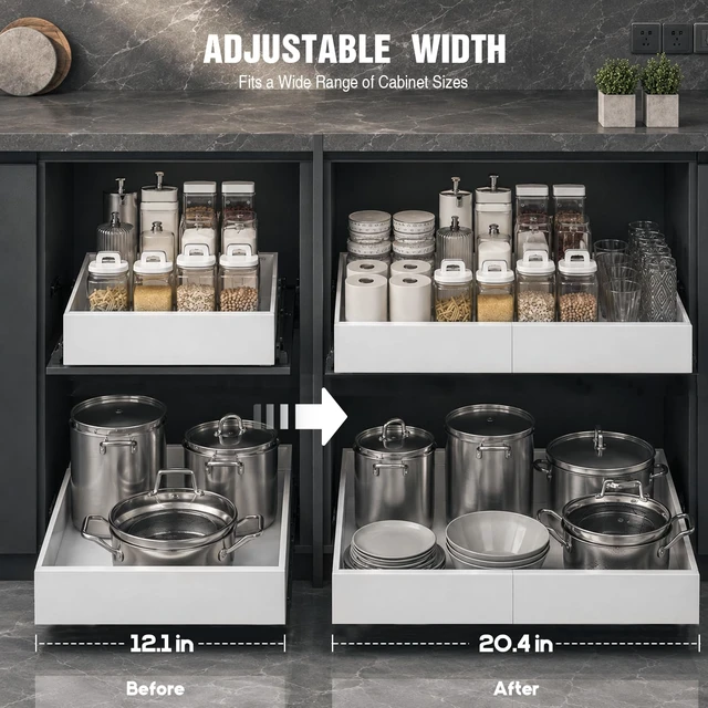 Alt view image 5 of 7 - 4 Pack Expandable Pull Out Cabinet Organizer 21"Deep With Raising Pad for Framed Cabinets,Upgrade 3 Slide Rails Slide Out Drawers,No Drill Roll Out Shelves,Adjustable Width 12.1"-20.4" White