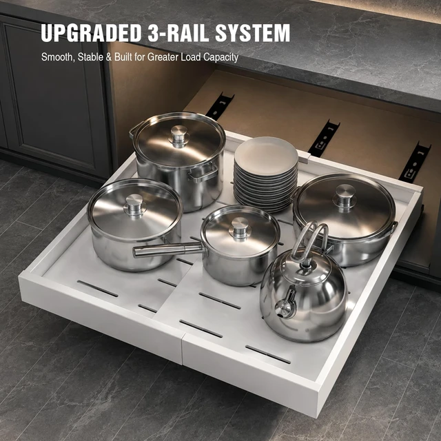 Alt view image 7 of 7 - 4 Pack Expandable Pull Out Cabinet Organizer 21"Deep With Raising Pad for Framed Cabinets,Upgrade 3 Slide Rails Slide Out Drawers,No Drill Roll Out Shelves,Adjustable Width 12.1"-20.4" White