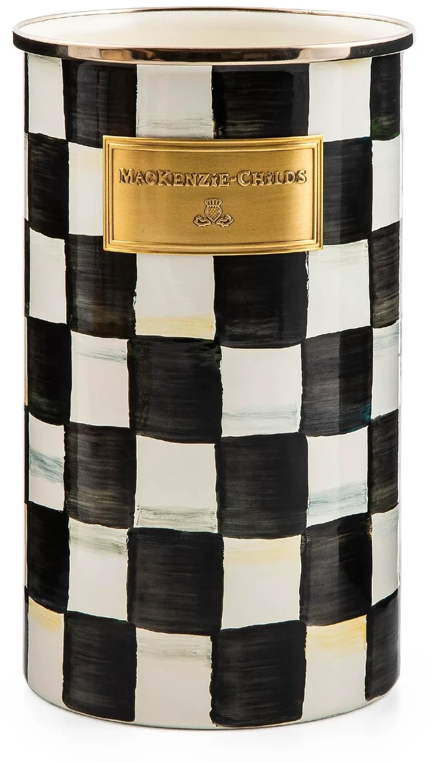 Main image of Enamel Utensil Holder, Black-and-White Courtly Check | Hand-painted design, made from enameled steel, ideal for storing and organizing kitchen utensils, 5" dia. x 8.5" H