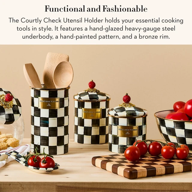 Alt view image 2 of 5 - Enamel Utensil Holder, Black-and-White Courtly Check | Hand-painted design, made from enameled steel, ideal for storing and organizing kitchen utensils, 5" dia. x 8.5" H
