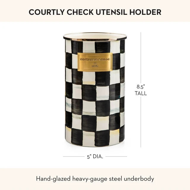 Alt view image 4 of 5 - Enamel Utensil Holder, Black-and-White Courtly Check | Hand-painted design, made from enameled steel, ideal for storing and organizing kitchen utensils, 5" dia. x 8.5" H