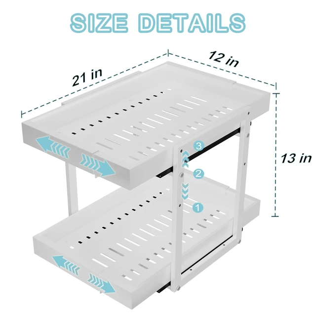 Alt view image 2 of 7 - 2-Tier Expandable Pull Out Cabinet Organizer, Cabinet Drawers, 21"D | Cabinet Pull Out shelves, Adjustable Pantry Drawers, Slide Out Drawers for Kitchen Cabinets, Under Sink Organizer,Large White