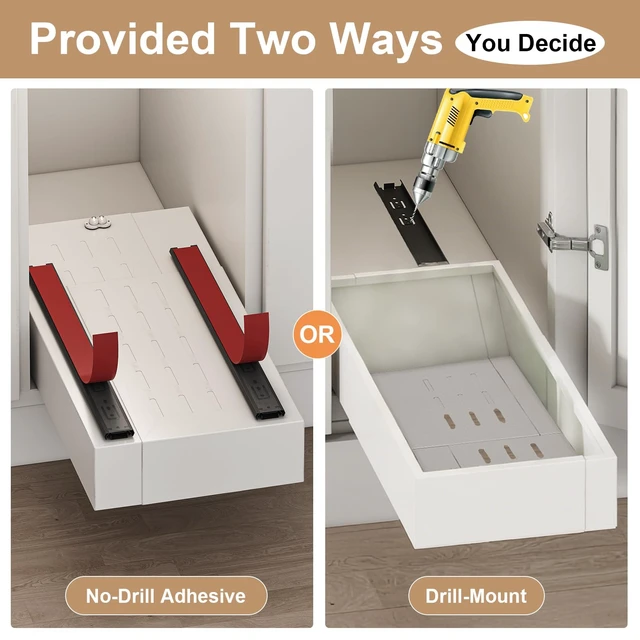 Alt view image 5 of 6 - 2Pc Pull out Cabinet Organizer,7"-11"W,17"-24"D,Expandable | No Drill,Adjustable,Roll out Drawers,Adhesive Sliding Drawers,Slide out Shelves for Cabinets Without Lip,Kitchen,Pantry,White