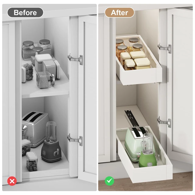 Alt view image 6 of 6 - 2Pc Pull out Cabinet Organizer,7"-11"W,17"-24"D,Expandable | No Drill,Adjustable,Roll out Drawers,Adhesive Sliding Drawers,Slide out Shelves for Cabinets Without Lip,Kitchen,Pantry,White