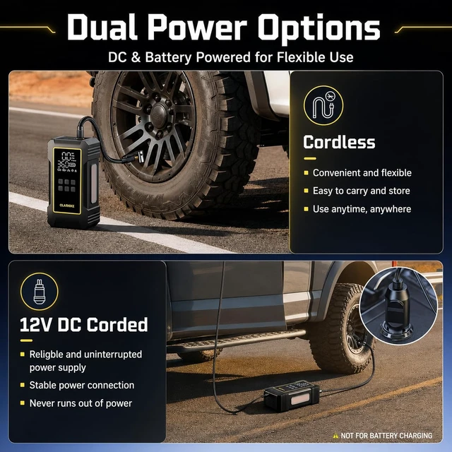 Alt view image 6 of 7 - 12000mAh Heavy Duty Tire Inflator Portable Air Compressor | Powerful, 7X Faster, 150PSI, Dual Power 12V&Cordless, For Car Tires, Pickup Trucks, Jeeps, SUVs & RVs, Digital Pressure Gauge