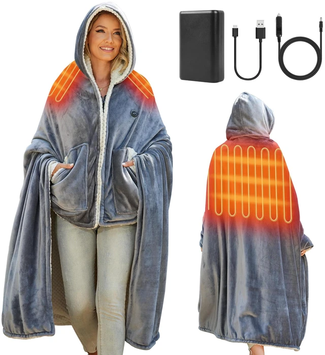 Main image of Wearable Heated Shawl Poncho Blanket,3 Heat Sets | Cordless Heated Throw Blanket,Battery Operated, Sherpa Lining Portable Electric Wrap Hoodie for Car,Indoor,Camping,Picnic