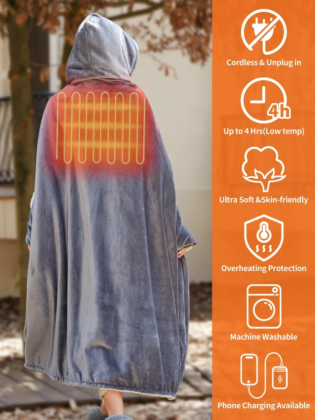 Alt view image 2 of 7 - Wearable Heated Shawl Poncho Blanket,3 Heat Sets | Cordless Heated Throw Blanket,Battery Operated, Sherpa Lining Portable Electric Wrap Hoodie for Car,Indoor,Camping,Picnic
