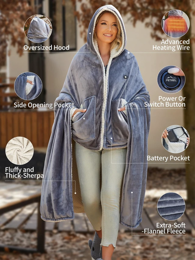 Alt view image 4 of 7 - Wearable Heated Shawl Poncho Blanket,3 Heat Sets | Cordless Heated Throw Blanket,Battery Operated, Sherpa Lining Portable Electric Wrap Hoodie for Car,Indoor,Camping,Picnic