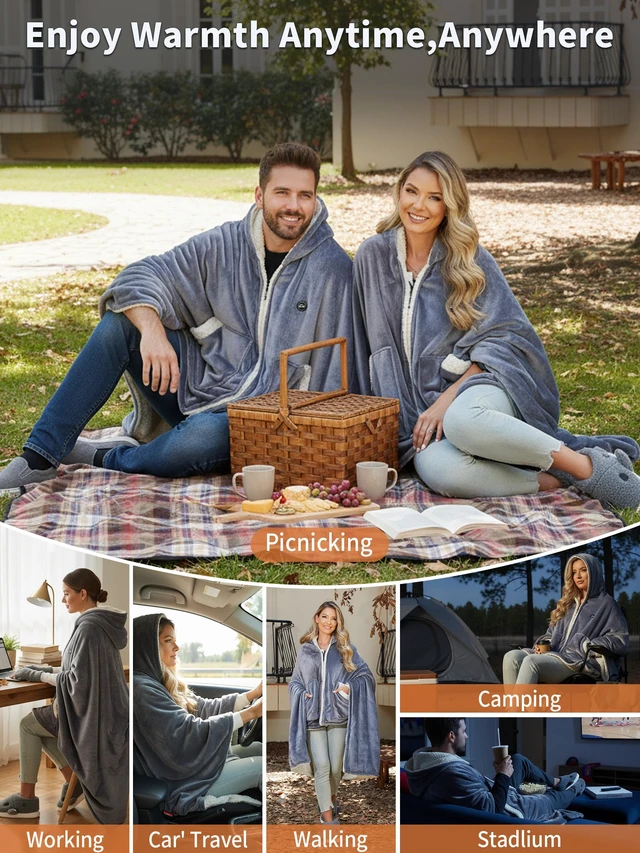 Alt view image 5 of 7 - Wearable Heated Shawl Poncho Blanket,3 Heat Sets | Cordless Heated Throw Blanket,Battery Operated, Sherpa Lining Portable Electric Wrap Hoodie for Car,Indoor,Camping,Picnic