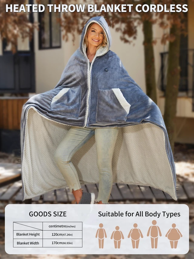 Alt view image 6 of 7 - Wearable Heated Shawl Poncho Blanket,3 Heat Sets | Cordless Heated Throw Blanket,Battery Operated, Sherpa Lining Portable Electric Wrap Hoodie for Car,Indoor,Camping,Picnic