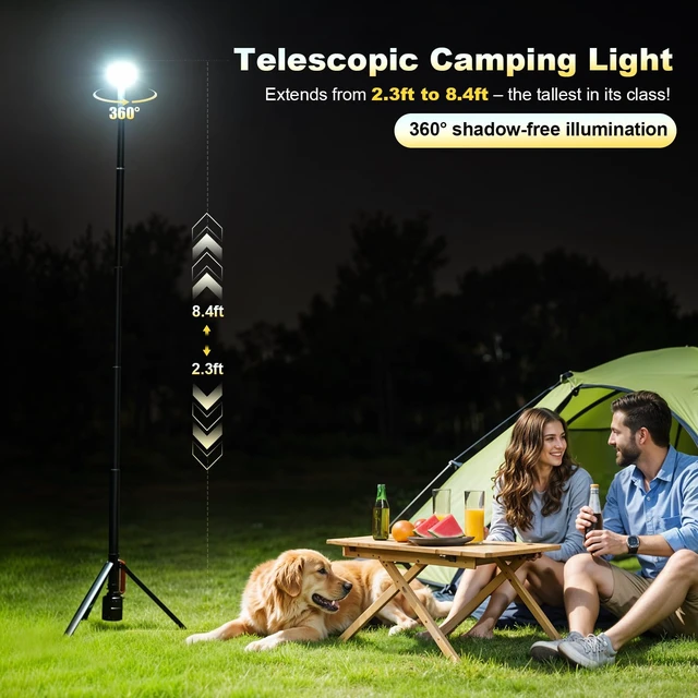 Alt view image 2 of 7 - 360° Rechargeable Work Light with Remote &Telescopic Stand (8.4Ft), 3000LM Ultra Bright 3CCT Dimmable, 6000mAh Battery, Portable Camping Light for Jobsite Workshop Sports Emergencies
