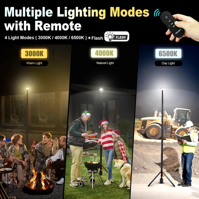 Alt view image 4 of 7 - 360° Rechargeable Work Light with Remote &Telescopic Stand (8.4Ft), 3000LM Ultra Bright 3CCT Dimmable, 6000mAh Battery, Portable Camping Light for Jobsite Workshop Sports Emergencies