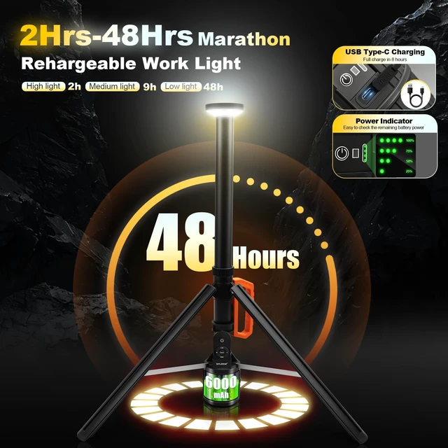Alt view image 6 of 7 - 360° Rechargeable Work Light with Remote &Telescopic Stand (8.4Ft), 3000LM Ultra Bright 3CCT Dimmable, 6000mAh Battery, Portable Camping Light for Jobsite Workshop Sports Emergencies