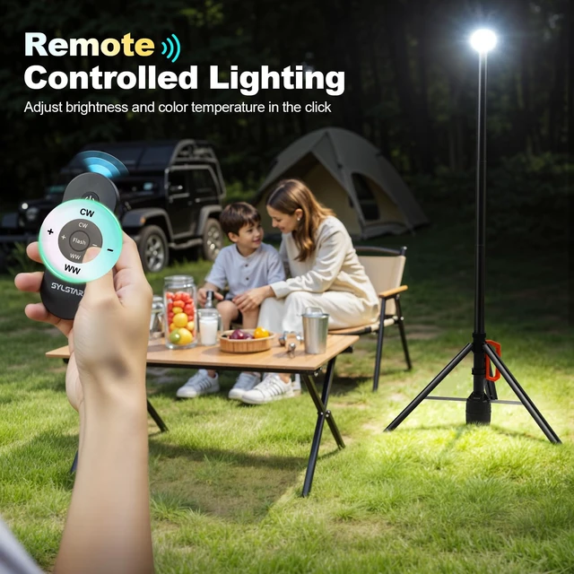Alt view image 5 of 7 - 360° Rechargeable Work Light with Remote &Telescopic Stand (8.4Ft), 3000LM Ultra Bright 3CCT Dimmable, 6000mAh Battery, Portable Camping Light for Jobsite Workshop Sports Emergencies
