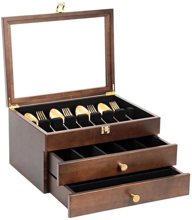 Main image of Silverware Box, 3-Layer Wooden Silverware Storage Box with Glass Lid, 14.5×10.6 Inches Luxury Style Decor Flatware Storage Case for Fine Flatware & Utensils, Gift Idea (Walnut)