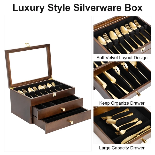 Alt view image 3 of 7 - Silverware Box, 3-Layer Wooden Silverware Storage Box with Glass Lid, 14.5×10.6 Inches Luxury Style Decor Flatware Storage Case for Fine Flatware & Utensils, Gift Idea (Walnut)