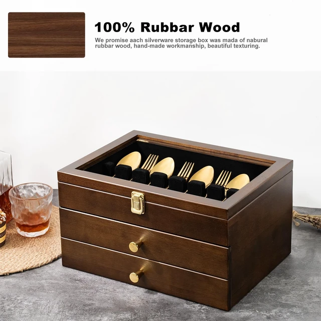 Alt view image 4 of 7 - Silverware Box, 3-Layer Wooden Silverware Storage Box with Glass Lid, 14.5×10.6 Inches Luxury Style Decor Flatware Storage Case for Fine Flatware & Utensils, Gift Idea (Walnut)