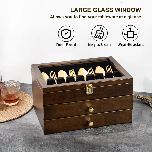 Alt view image 5 of 7 - Silverware Box, 3-Layer Wooden Silverware Storage Box with Glass Lid, 14.5×10.6 Inches Luxury Style Decor Flatware Storage Case for Fine Flatware & Utensils, Gift Idea (Walnut)