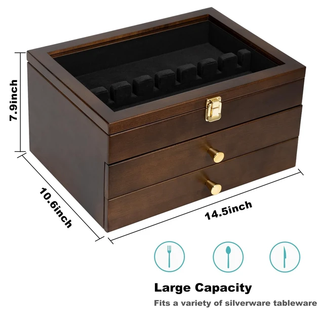 Alt view image 7 of 7 - Silverware Box, 3-Layer Wooden Silverware Storage Box with Glass Lid, 14.5×10.6 Inches Luxury Style Decor Flatware Storage Case for Fine Flatware & Utensils, Gift Idea (Walnut)