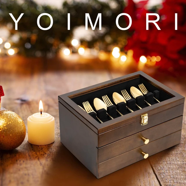 Alt view image 6 of 7 - Silverware Box, 3-Layer Wooden Silverware Storage Box with Glass Lid, 14.5×10.6 Inches Luxury Style Decor Flatware Storage Case for Fine Flatware & Utensils, Gift Idea (Walnut)
