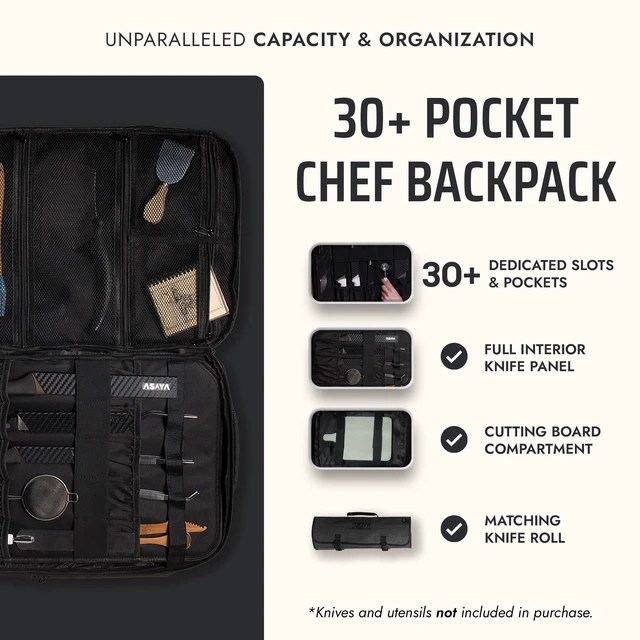 Alt view image 2 of 6 - Chef Knife Backpack with 20-Pocket Knife Roll Bag - Over 30 Storage Pockets Chef Bag, Professional Backpack for Chefs and Culinary Students Knives Not Included (Black)