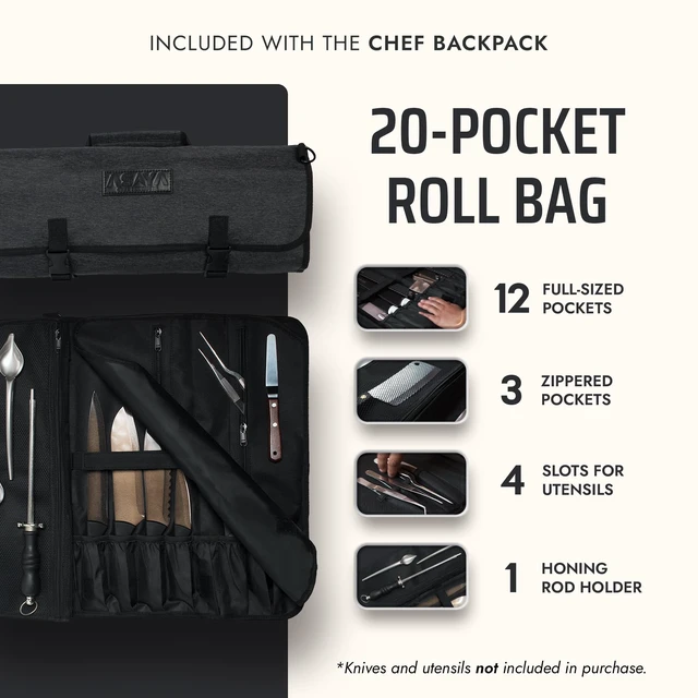 Alt view image 3 of 6 - Chef Knife Backpack with 20-Pocket Knife Roll Bag - Over 30 Storage Pockets Chef Bag, Professional Backpack for Chefs and Culinary Students Knives Not Included (Black)