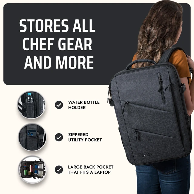 Alt view image 5 of 6 - Chef Knife Backpack with 20-Pocket Knife Roll Bag - Over 30 Storage Pockets Chef Bag, Professional Backpack for Chefs and Culinary Students Knives Not Included (Black)