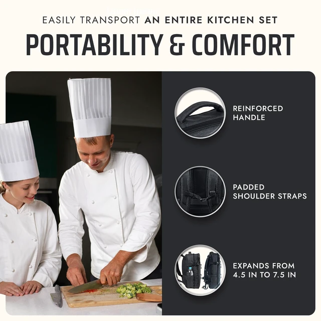 Alt view image 6 of 6 - Chef Knife Backpack with 20-Pocket Knife Roll Bag - Over 30 Storage Pockets Chef Bag, Professional Backpack for Chefs and Culinary Students Knives Not Included (Black)